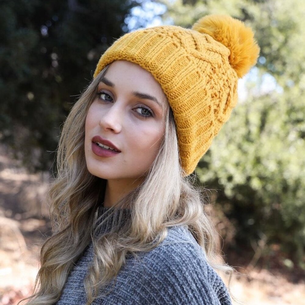 Cable Knit Beanie with Thermal Lining in Yellow